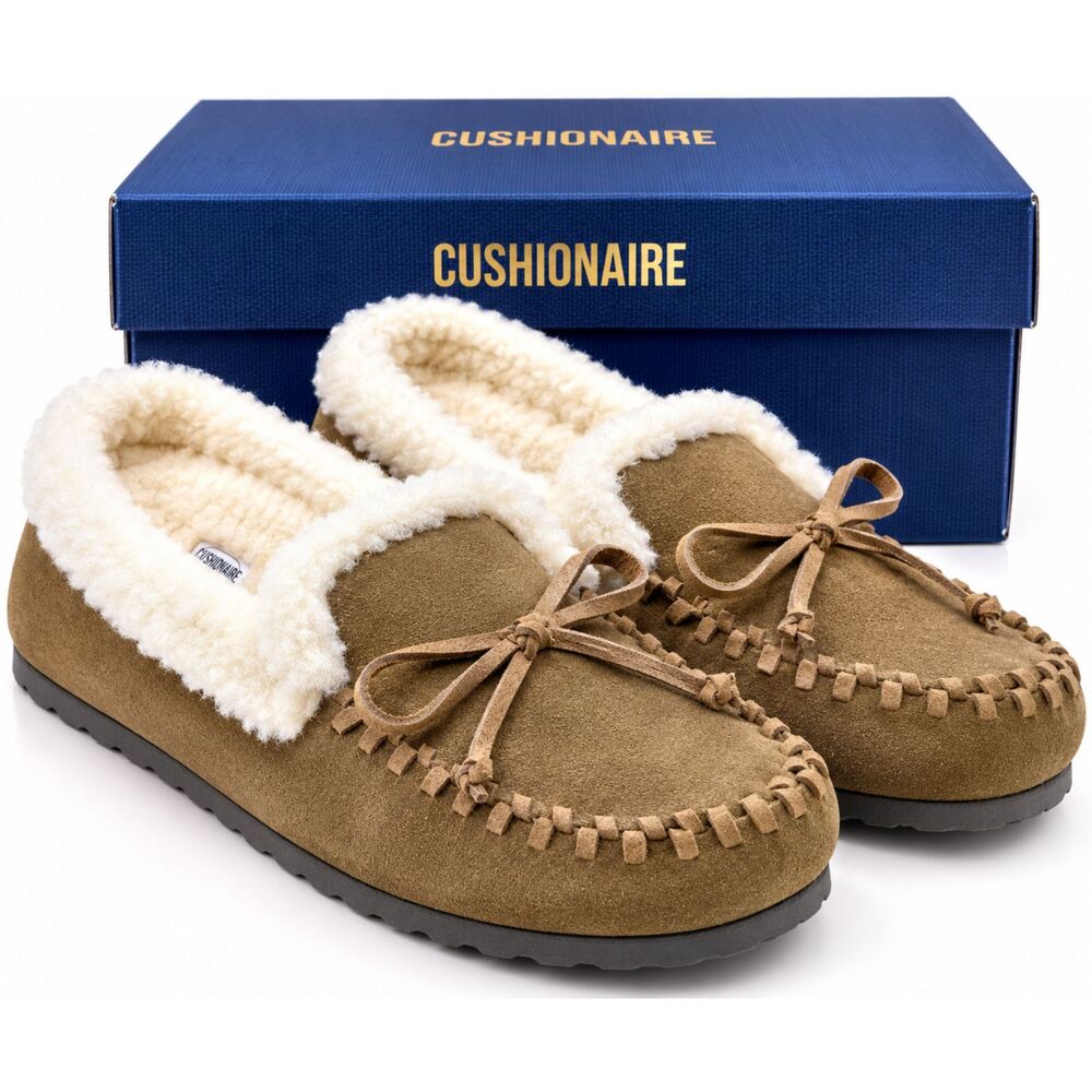 Cushionaire Creek-L Women's Slippers Size 10M Brown Suede Faux Fur Moccasins